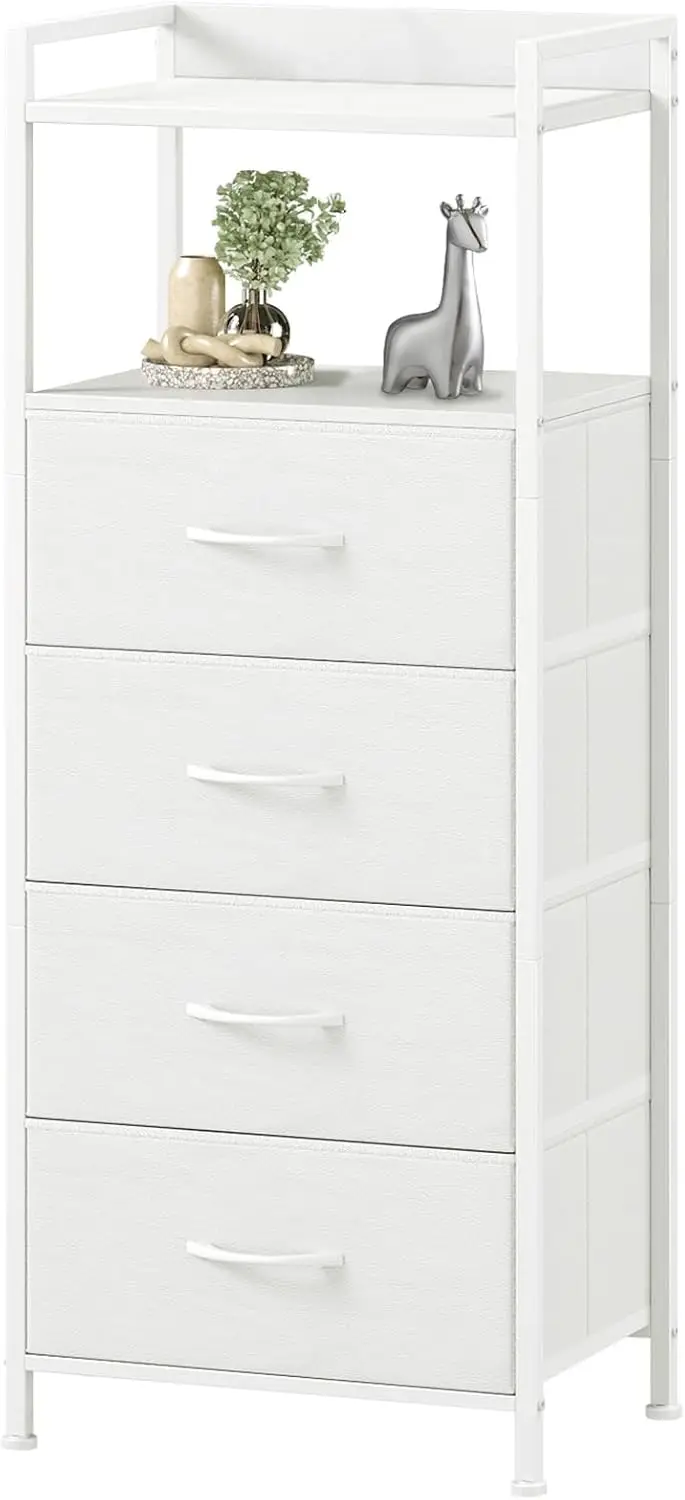 White Nightstand with 4 Drawers, Vertical Storage Tower Fabric Dresser for Bedroom, Sturdy Steel Frame & Wooden Top, Easy Pull