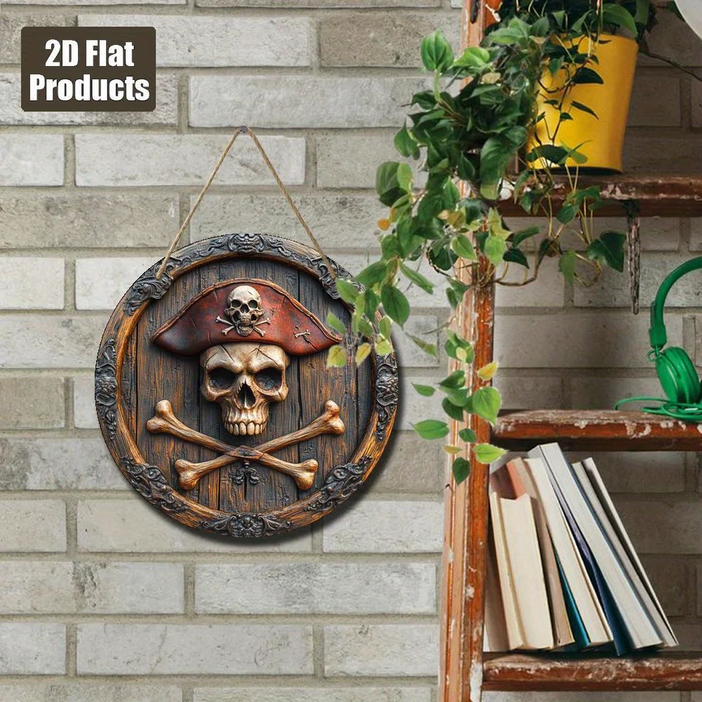 2D Flat, 2D Flat Design, Includes One Pirate Ship Steering Wheel and Skull Flag Wall Decoration, Round Wooden Vintage Nautical P