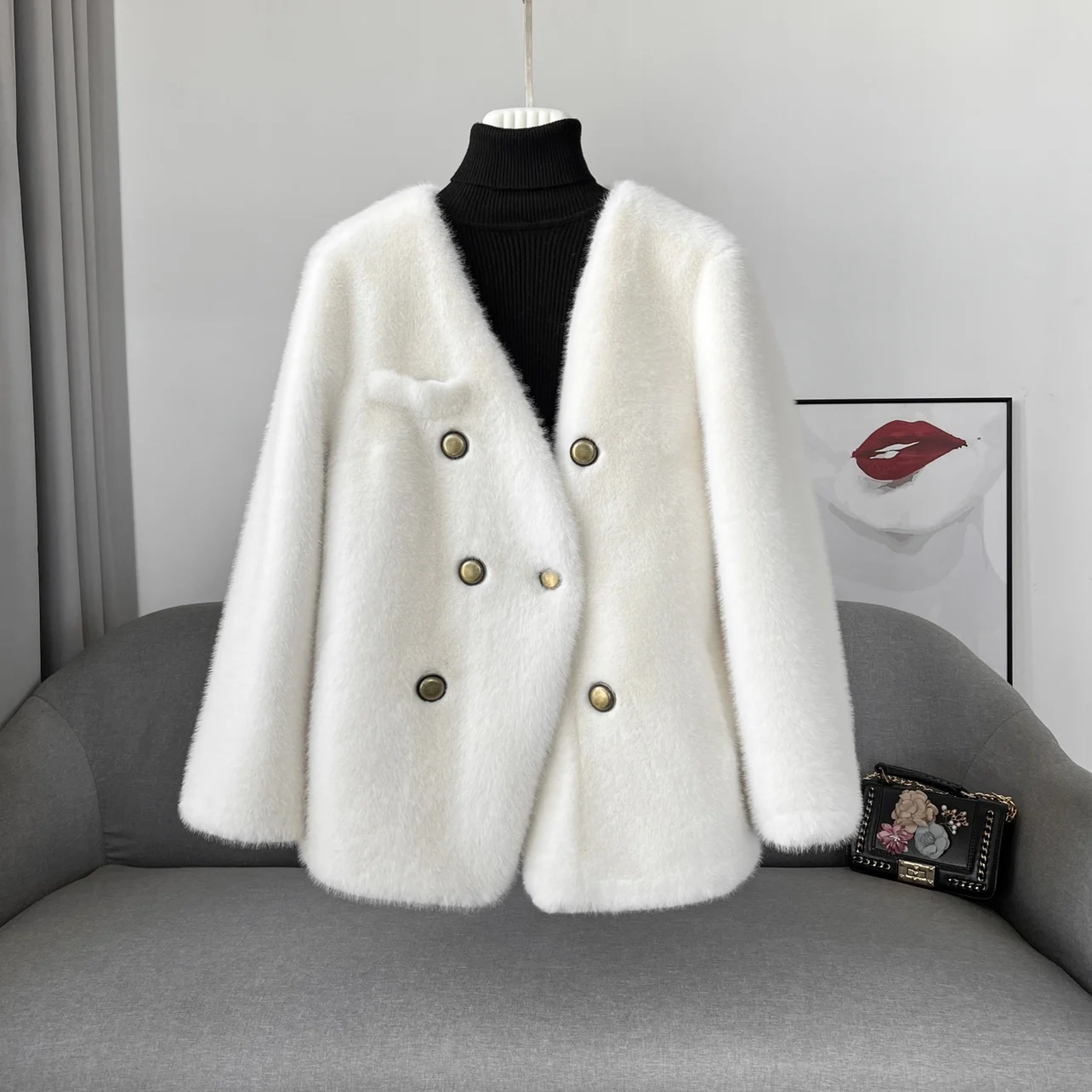 

2022 New Elegant Autumn Winter Women Outerwear Fluffy Fur Jacket V-neck Double-breasted Long Sleeve Faux Mink Cashmere Coat