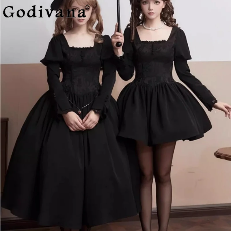 

Spring New Long Short Op Elegant Square Neck Black Lolita Dress Fashion Women Versatile Temperament High Waist A-line Dresses