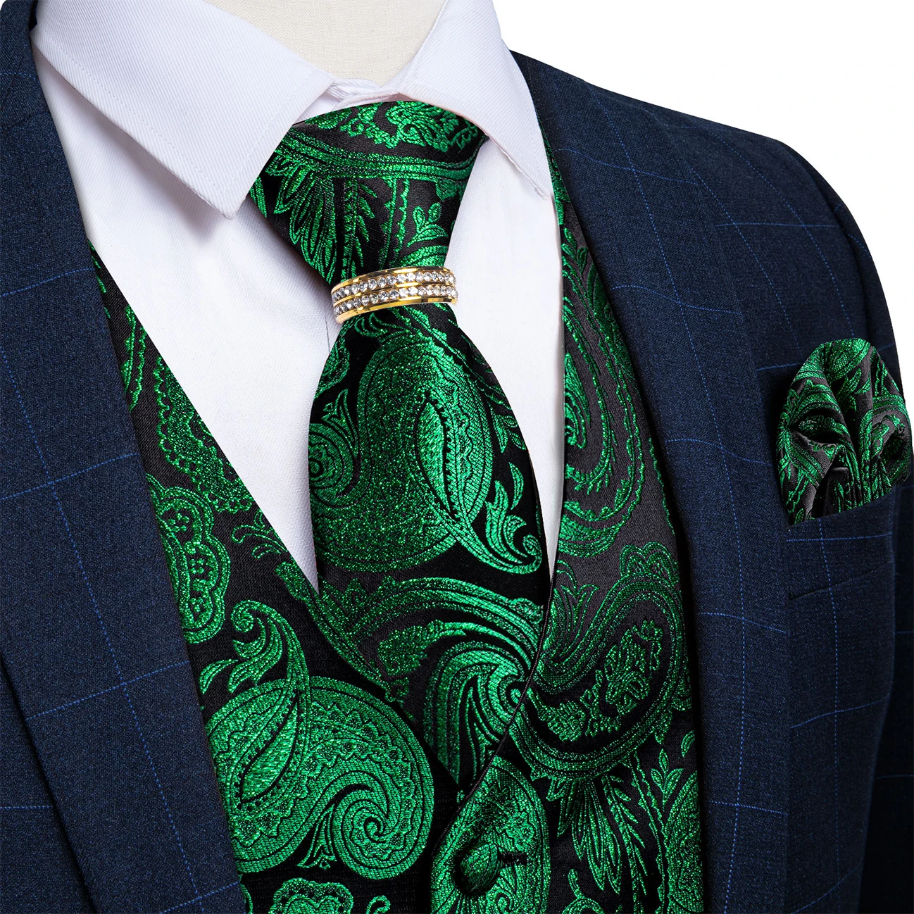 Emerald Paisley V-Neck Vest 5Pcs Combo Tie Pocket Square Cufflinks Gold Ring For Stage Performance Bridal Party