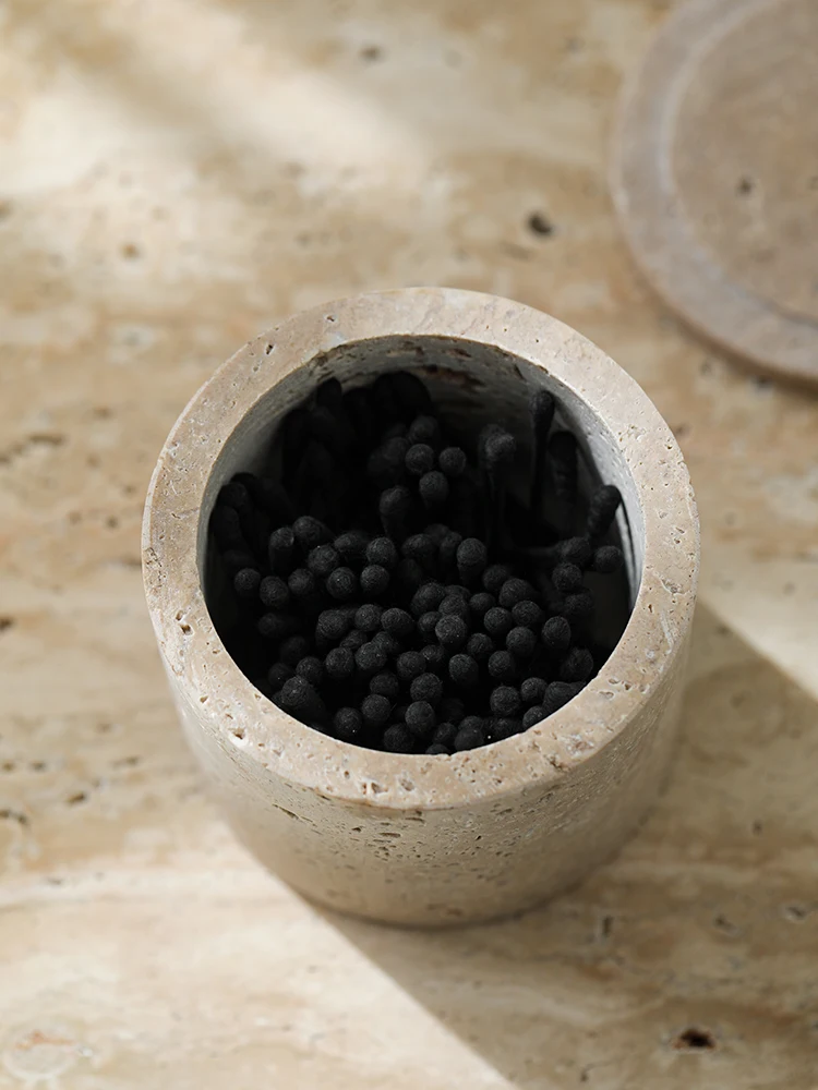 Natural Travertine Stone Cotton Swabs Holder Box Round Marble Salt Sugar Spice Storage Container Jar Makeup Brush Holder