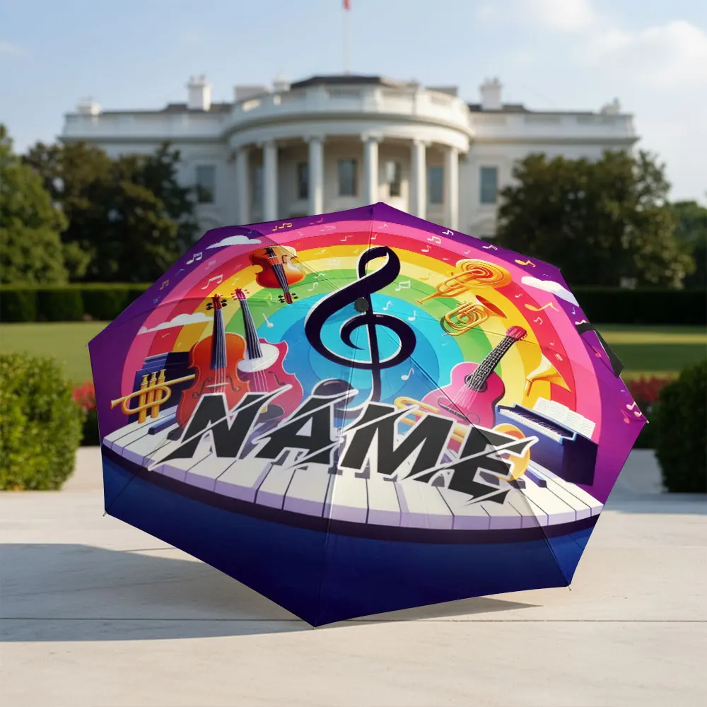 Custom Name umbrella, Music Theme Umbrella with Colorful Instruments Design Fashion Folding Umbrella for Daily Use, Gift