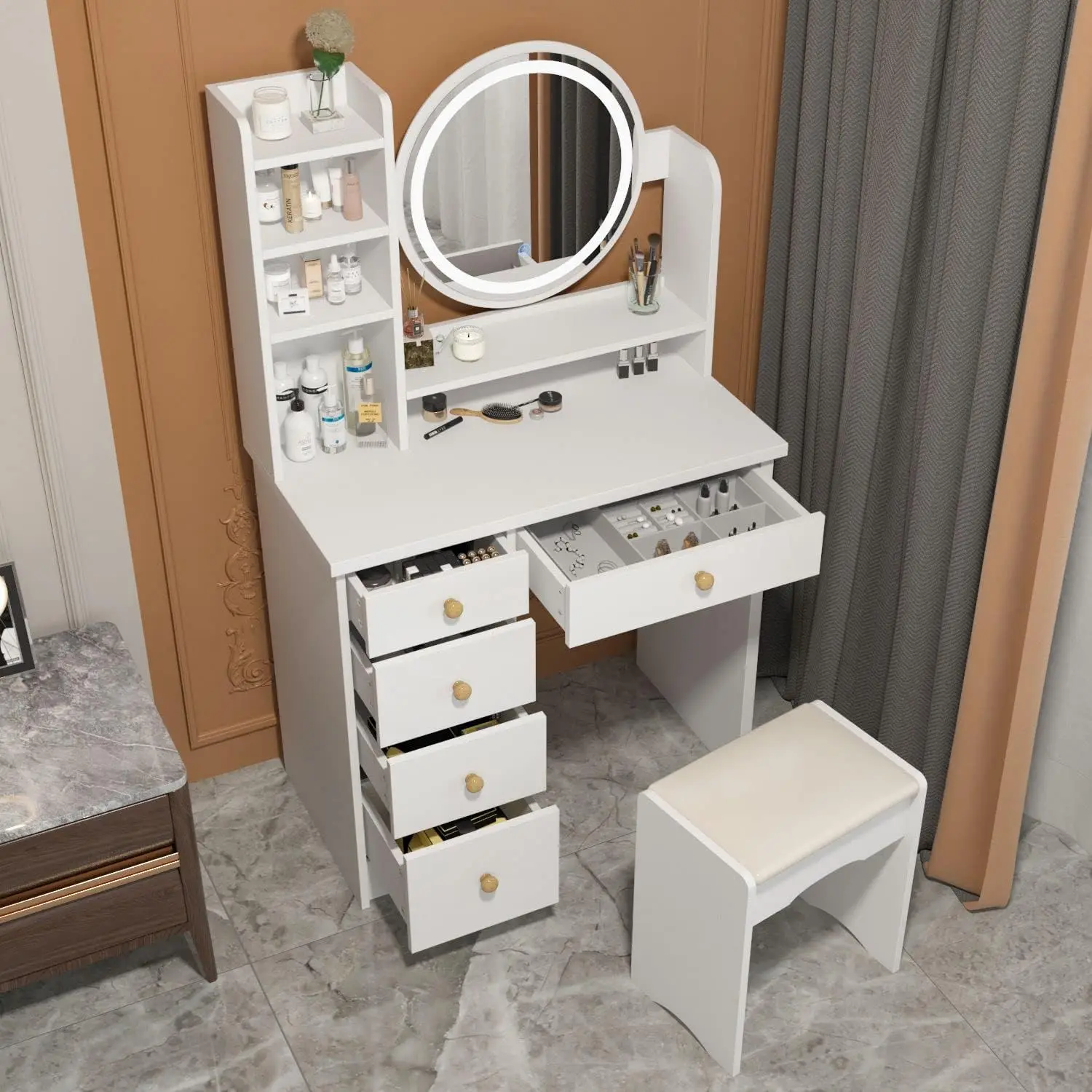 FAMAPY Vanity Desk with Mirror, Lights and Drawers for Makeup, includes Shelves, Cushion Stool for Bedroom White