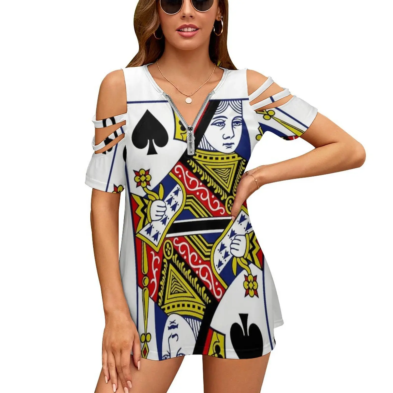 Queen Of Spades Playing Card New Fashion Zip Off Shoulder Top Short-Sleeve Women Shirt Queen Of Spades Playing