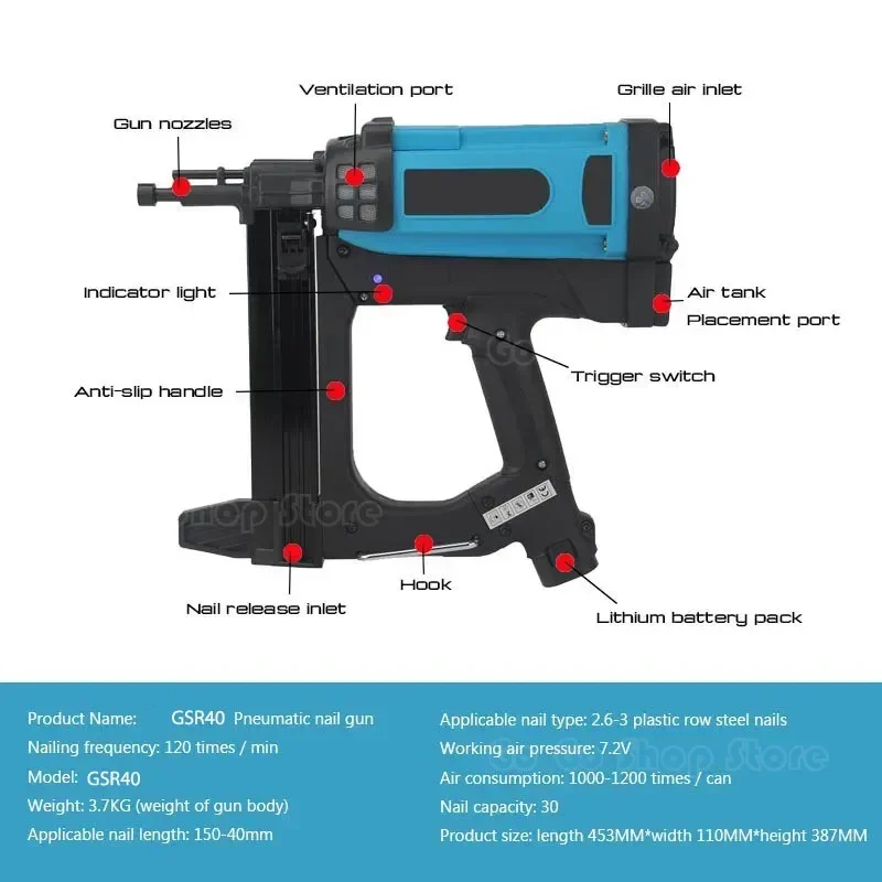 Pistola sparachiodi pneumatica 7. Utensili pneumatici GSR40 per cucitrice pneumatica in acciaio per pistola sparachiodi a gas con batteria al litio 2V per telaio e bagagliaio 110-220V