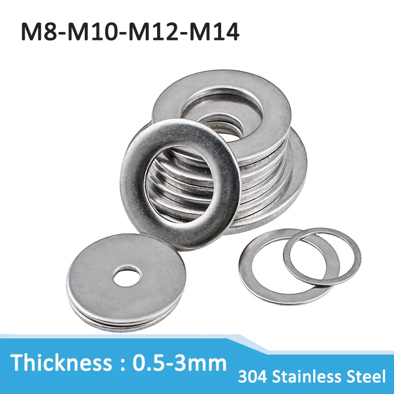 M8 M10 M12 M14 304 Stainless Steel Flat Washer Plain Gasket for Screw Bolt Thickness 0.5/0.8/1/1.6/2/2.5/3mm Large Size Thicker