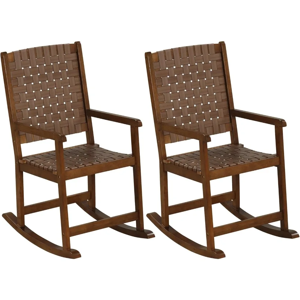 Weather-Resistant PU Seat Outdoor Rocking Chair with Ergonomic Design and Smooth Rocking Motion, Made from Durable Rubber Wood F