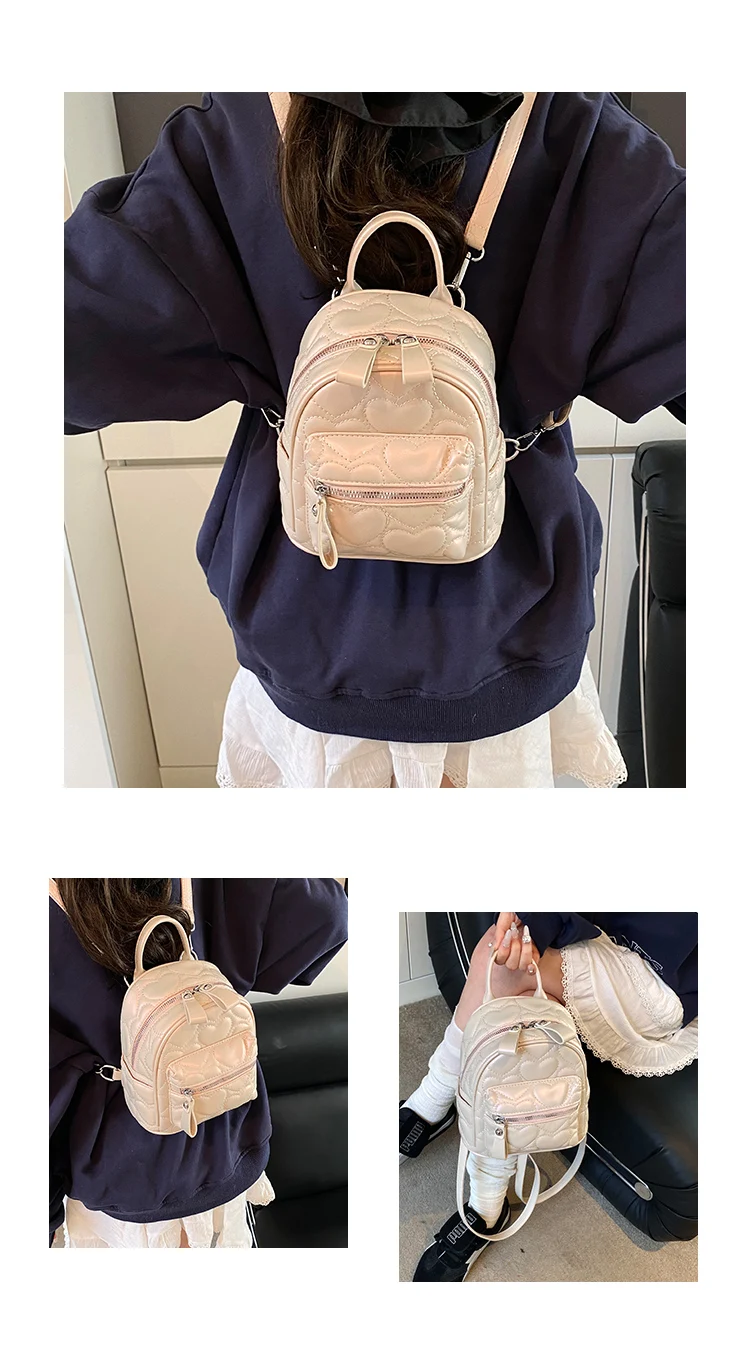 Neuer, modischer silberner Rucksack für Damen, vielseitig einsetzbar, mit Herzmuster, ideal als Schultasche für Schülerinnen, trendiger Reise- und Einkaufsrucksack für Mädchen. – Detail 11