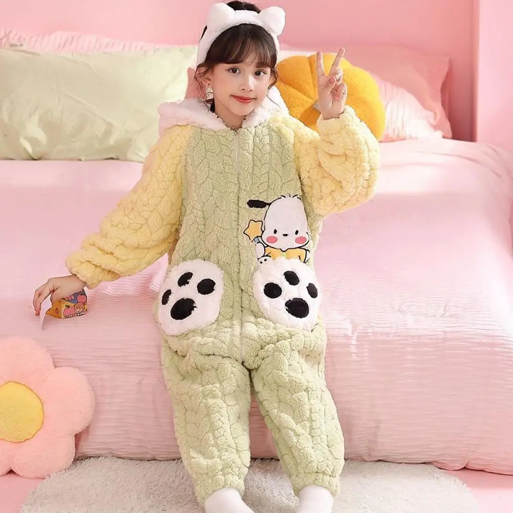 الشتاء Kawaii Kuromi ميلودي الاطفال أفخم بذلة منامة أنيمي سانريو الكرتون فتاة عادية المضادة للركلة ملابس منزلية دافئة ملابس نوم لطيف