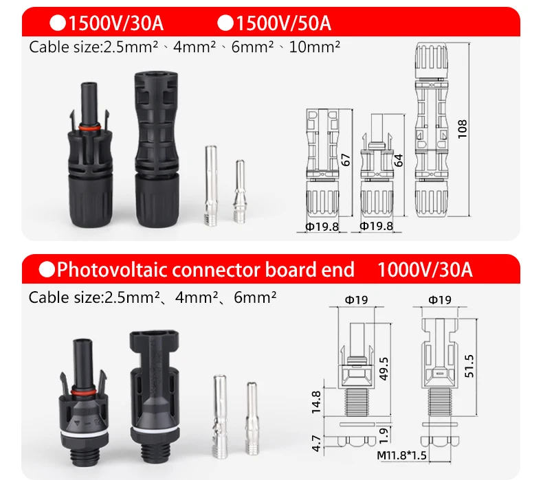 Solar-Steckverbinder Wasserdicht IP68 Solarmodul 1500V 30A/50A PV-Stecker Männlich Weiblich Photovoltaik-Systeme 2,5/4/6mm2 Kabelstecker – Detail 6