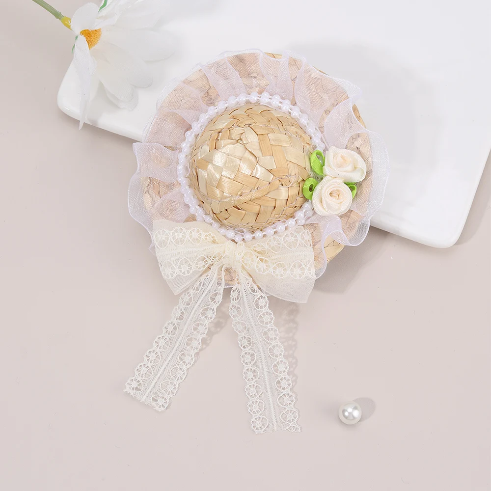 جديد قبعة القش الصغيرة مشبك شعر الحلو زهرة القوس دبوس الشعر اليدوية باريت للفتيات النساء الصيف الشاطئ بوهو غطاء الرأس الملحقات #3