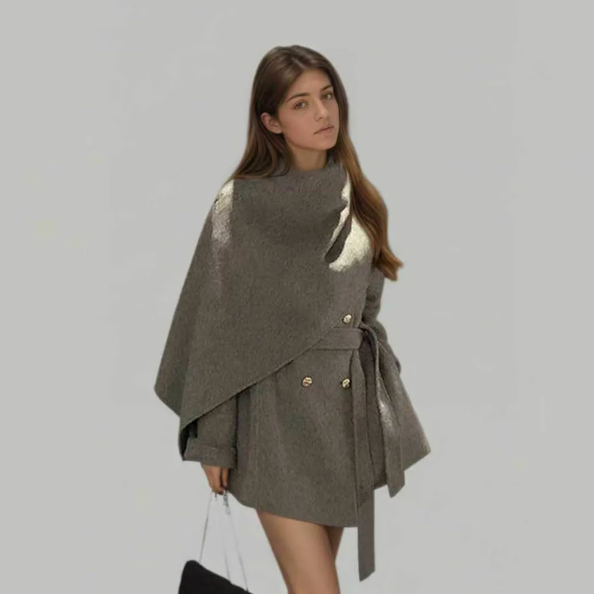 CiCi 2025 خريف شتاء موضة جديدة من الصوف مثل معطف كيب عباءة مع وشاح للنساء أنيقة مكتب العمل ملابس يومية #5