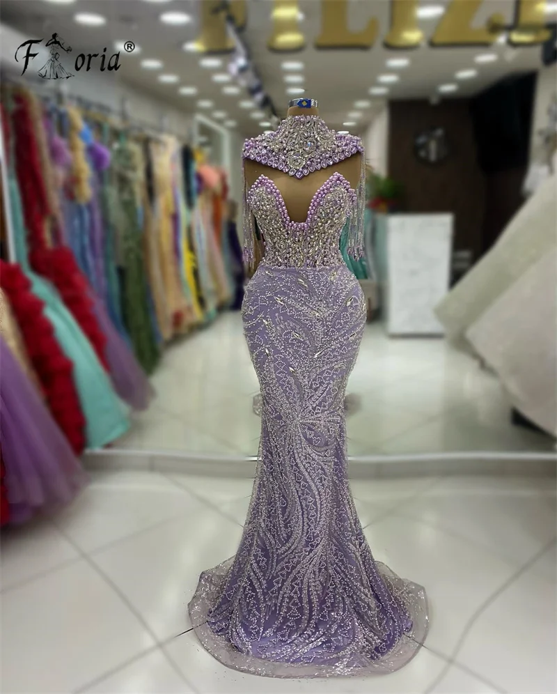 

Gorgeous Lilac Pearls Evening Dresses Cap Sleeves Beading Formal Celebrity Dress Tassel Elegant Prom Party Gowns Robe De Soiree