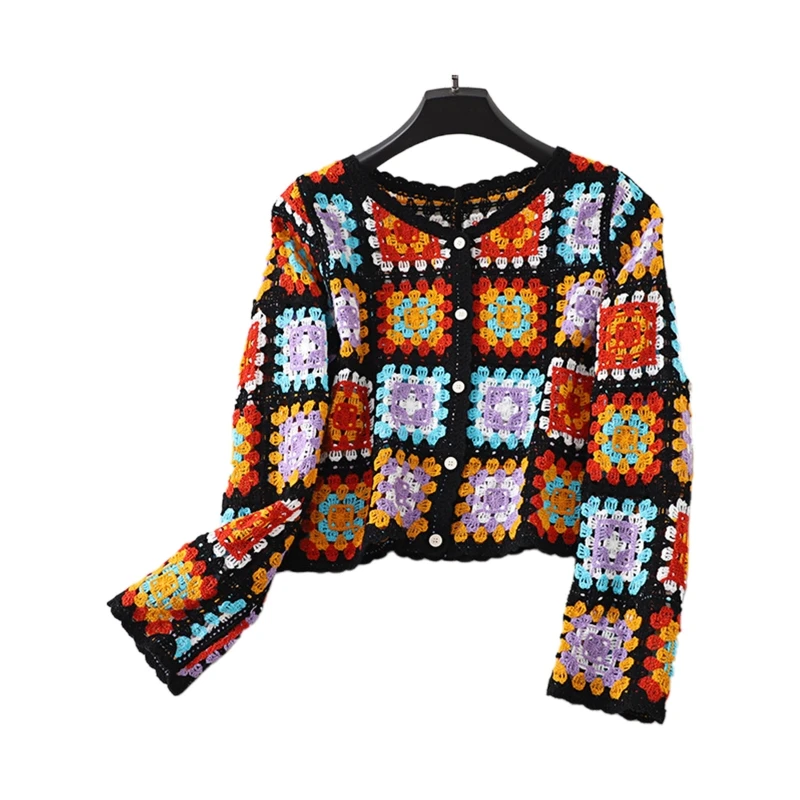 Feminino outono manga longa crochê cardigan étnico oco malha colorido padrão geométrico botão para baixo camisola casaco para