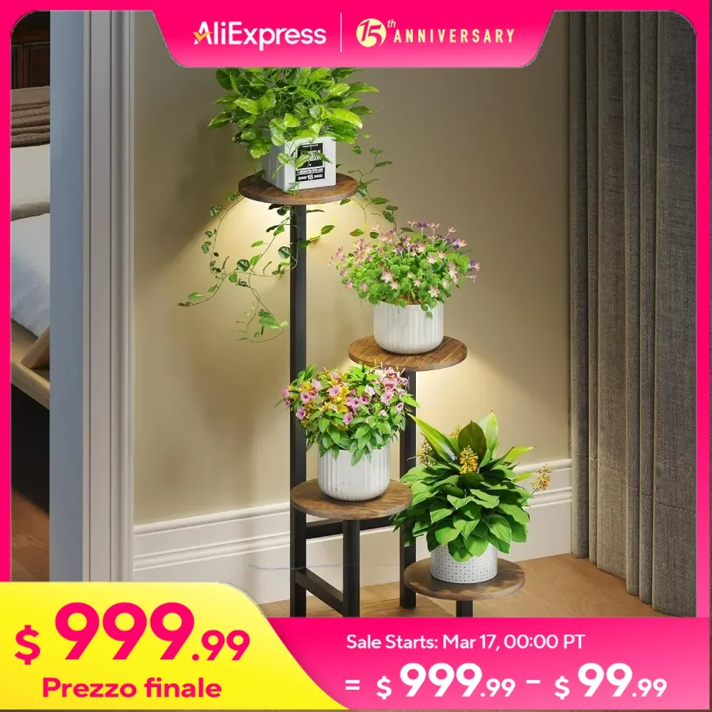 4-Tiered Tall Plant Stand Indoor with Grow Light, Hanging Basket Hook and Adjustable Light, Metal Plant Shelf