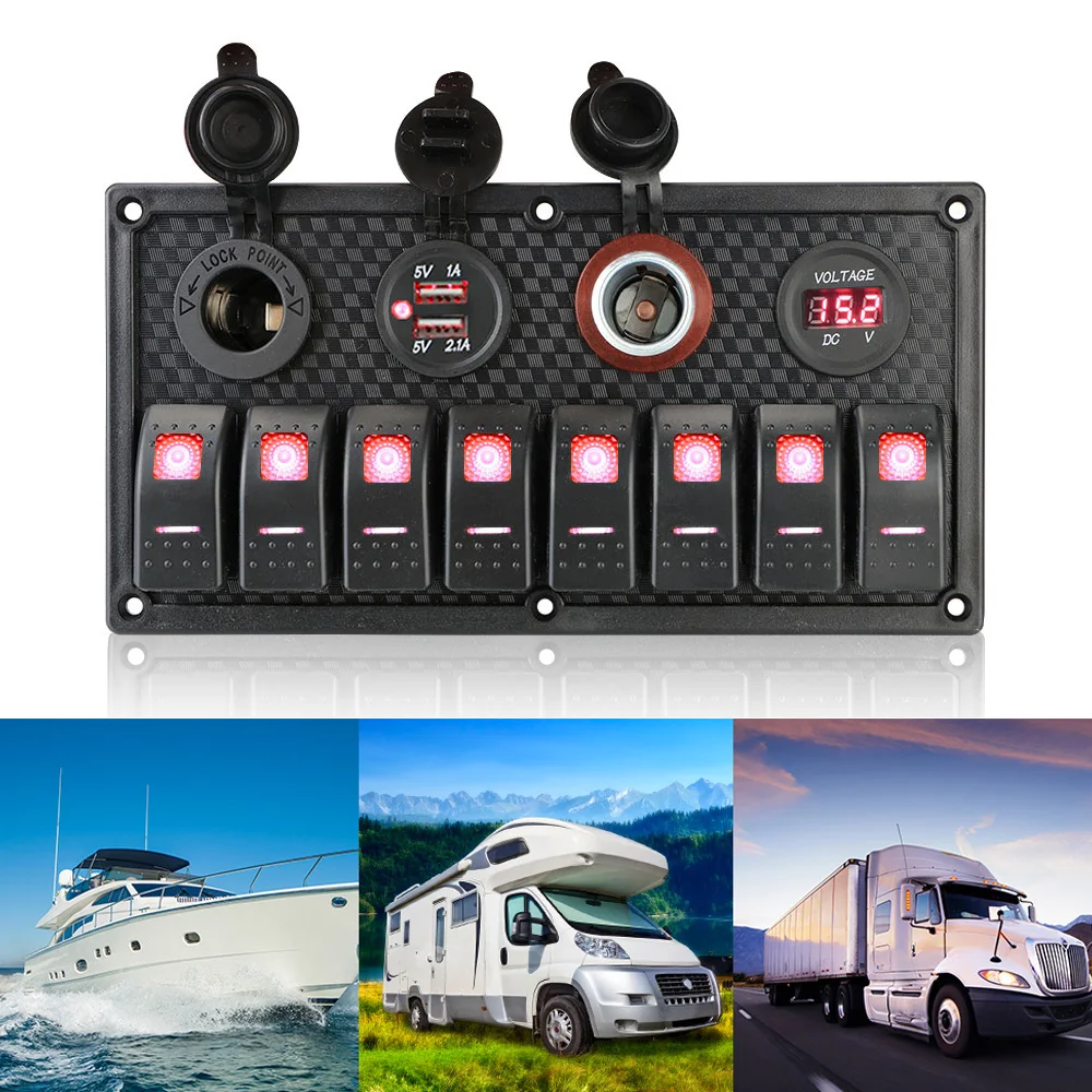 

Car Marine RV Circuit LED Breaker Waterproof Dual USB Cigarette Lighter Socket Digital Voltmeter 8 Gang Switch Panel