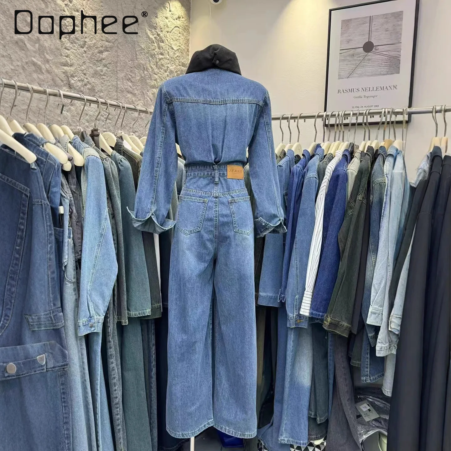Europe Station Autunno Corea Ins Tuta Jeans Elegante Office Lady Fashion Slim Fit Retro Blu Vita alta Tuta casual da donna