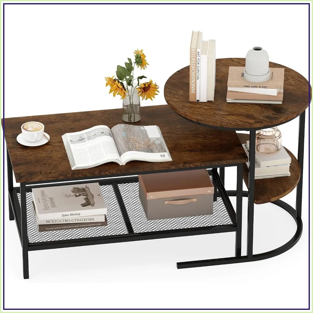 Nesting Coffee Table Set of 2, Round & Rectangular Wood Top with Storage Shelf, Rustic Brown Black