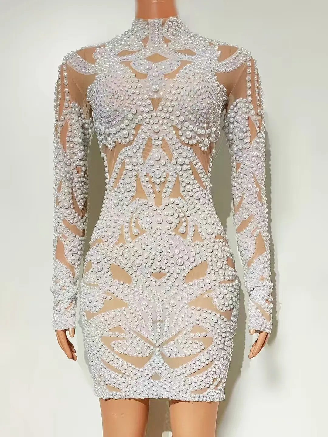 

Pinball Mesh Full Of Diamonds Pearls Tight FittingSexy Hugging Short Skirt Runway Show NightclubBar Performance Costume A772