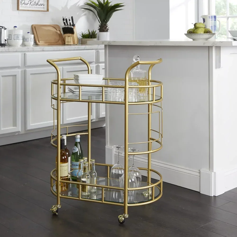 Bar Cart with Matte Gold Metal Finish, 2-Tiers