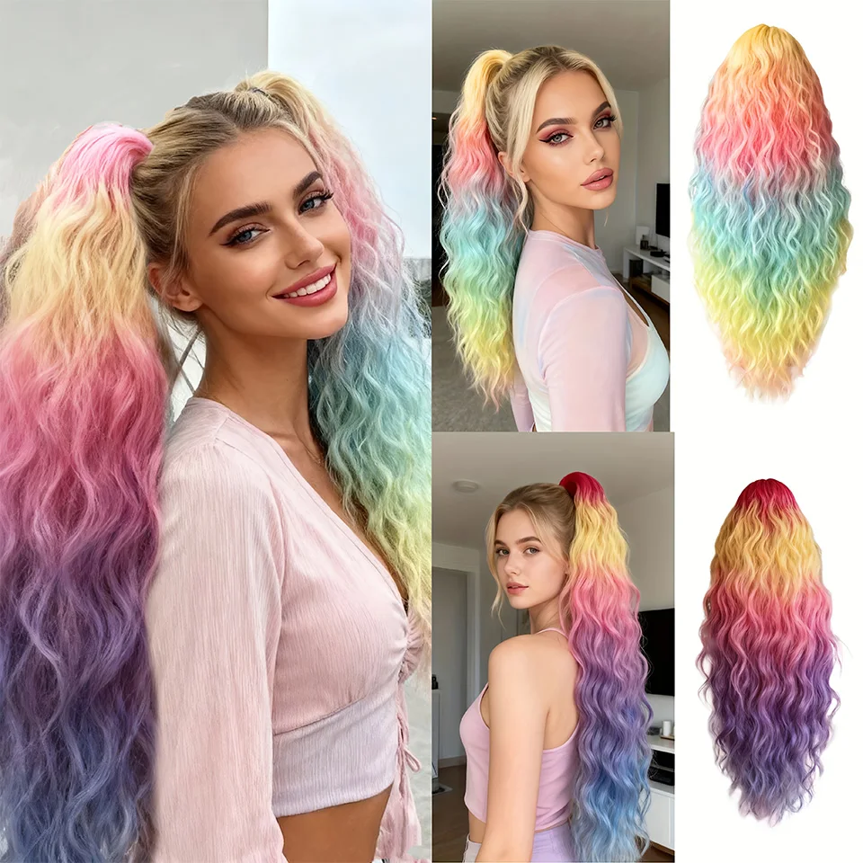 

26 inch Real Dyed Synthetic Claw Super Long Wavy Ponytail Extension Rainbow Colored Water Wave PonyTail Clip in Hair Extensions