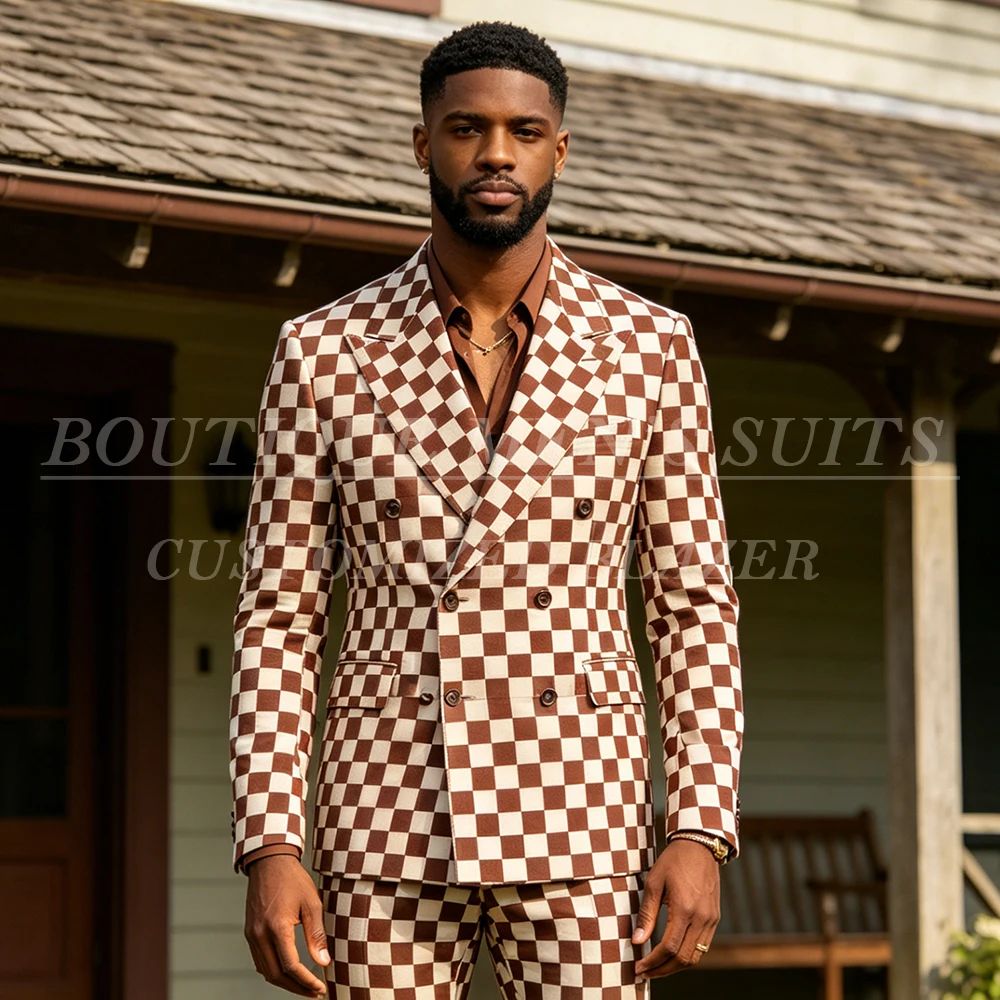 

Customized Men's Suits Fashion Double Breasted Peak Lapel Blazer Luxury Straight 2 Piece Jacket Pants Full Sets Outfits
