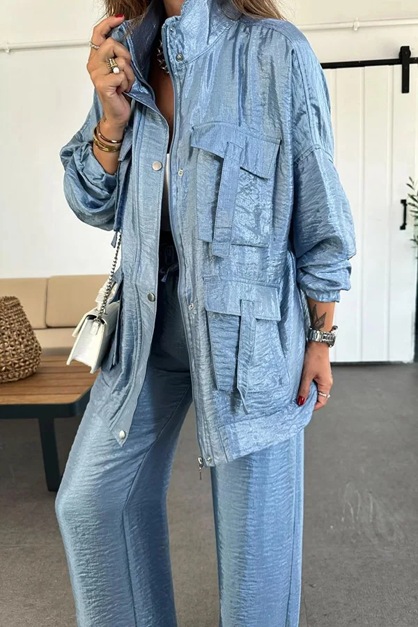 Metallic Women 2 Piece Set Solid Cargo Loose Coats Wide Leg Pants Matching Two Piece Suit Spring Autumn Fashion Street Outfits