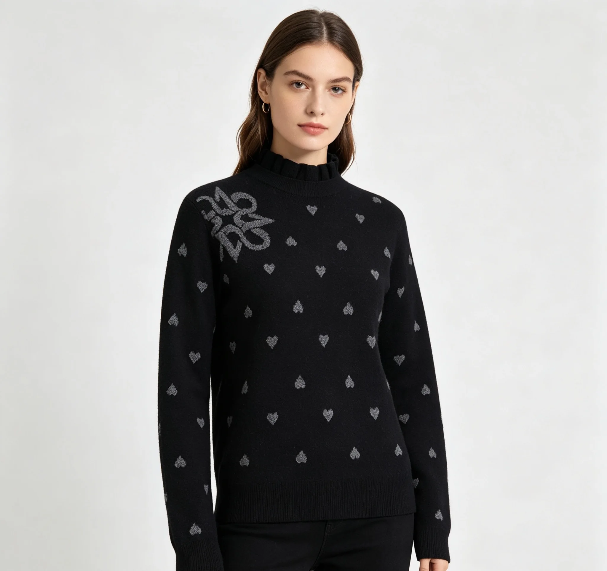 St ANDREWS Women Ruffle Mock Neck Golf Sweater Heart Jacquard Long Sleeve Knit Pullover Casual Sport Top Gift