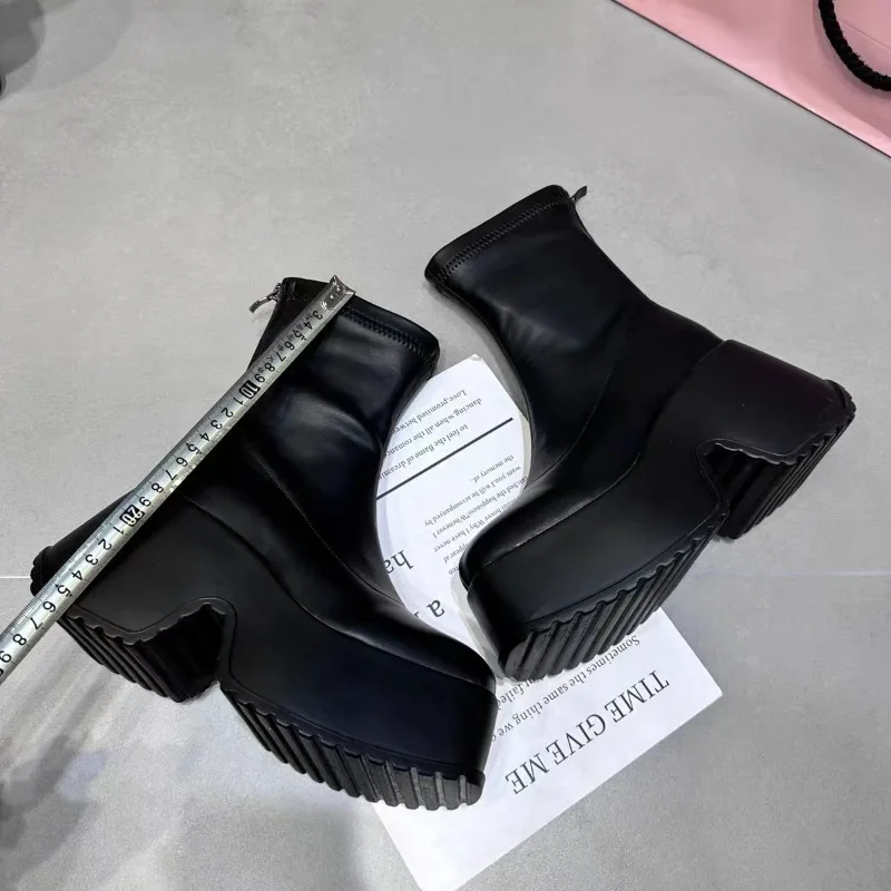 Sepatu Bot Tinggi Wanita Sepatu Bot Kulit Kasual Modis Sepatu Bot Elastis Ramping Sepatu Bot Platform Ujung Persegi Sepatu Bot Pendek Ritsleting Gaya Punk