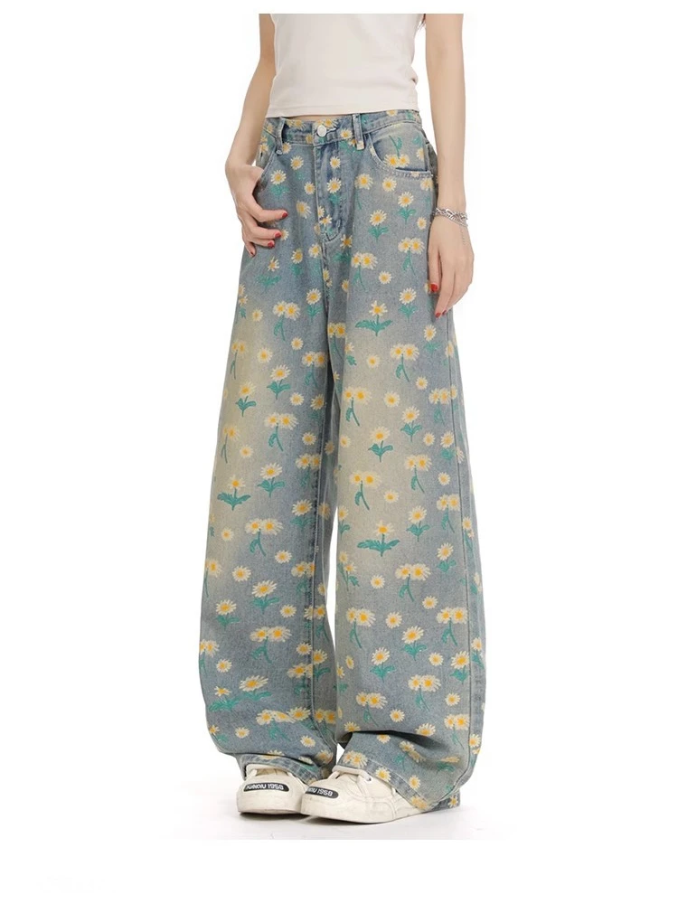 Denim jeans met chrysanthemumprint voor dames, blauwe jeans, coole meisjesbroek, casual bodems, vrouwelijke denimbroek met hoge taille en wijde pijpen
