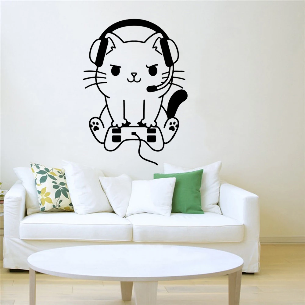 Gamer Cat Funny Nerd Geek Cat Videogames Video Game Wall Sticker Gamer gift Vinyl Wall Decals for Kids Room Poster Decor