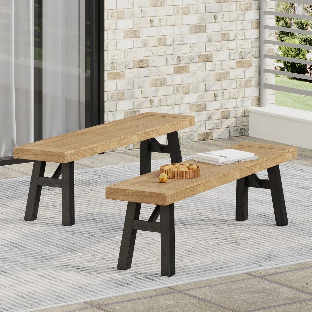

YQXH Outdoor Bench with Slat Panel Design and Acacia Wood Frame(Set of 2), Natural and Grey