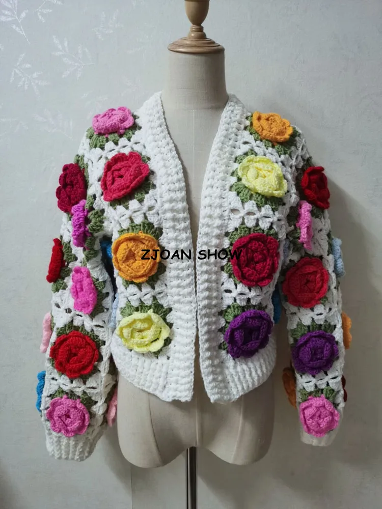 2023 Autumn BOHO Hand Crochet 3D Flower Ball Cardigan Sweet Woman V neck Full Lantern sleeve Knitting Sweater Knitwear Jumper