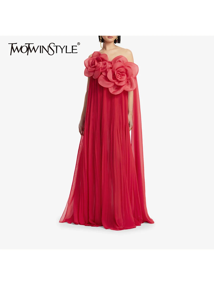 TWOTWINSTYLE Solid Spliced 3D Flower Loose Maxi Dress for Women Off Shoulder Sleeveless Patchwork Mesh Pleat Dresses Female New