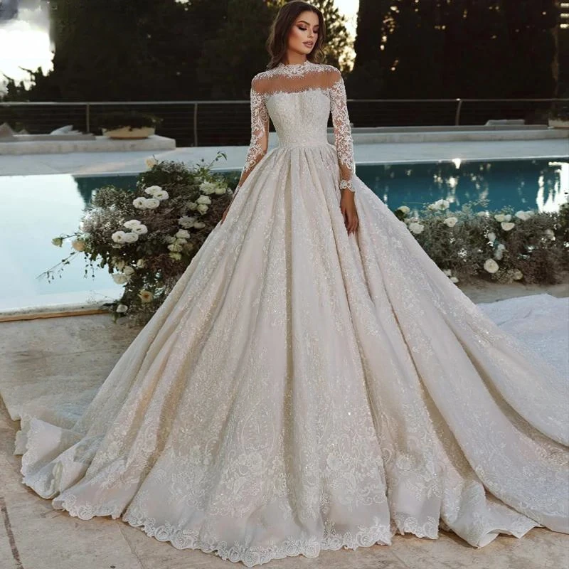 

Exquisite Appliques Cathedral Train Ball Gown Wedding Dress 2024 High Neck Long Sleeve Beading Embroidered Vintage Bridal Gown