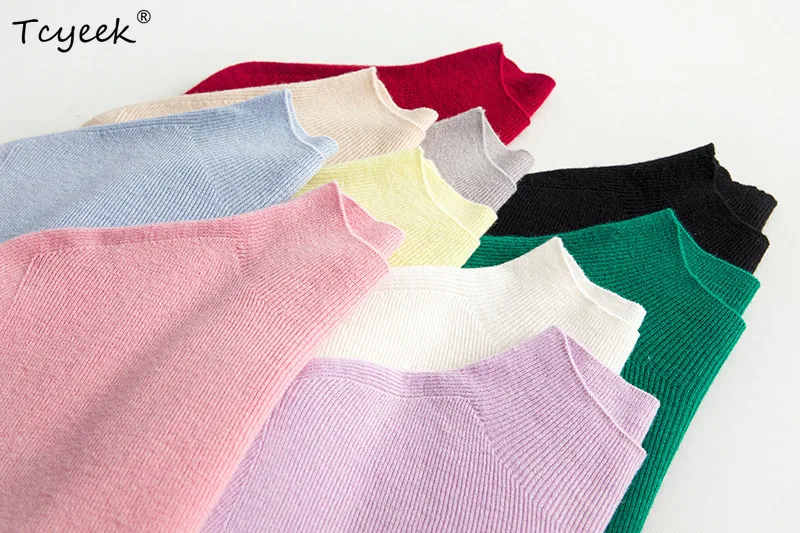 Tcyeek, 18G, 100% lana pura, Otoño Invierno, suéteres de punto con cuello simulado para mujer, Tops de colores macarrón, camiseta interior básica de oficina para mujer T3N565QM