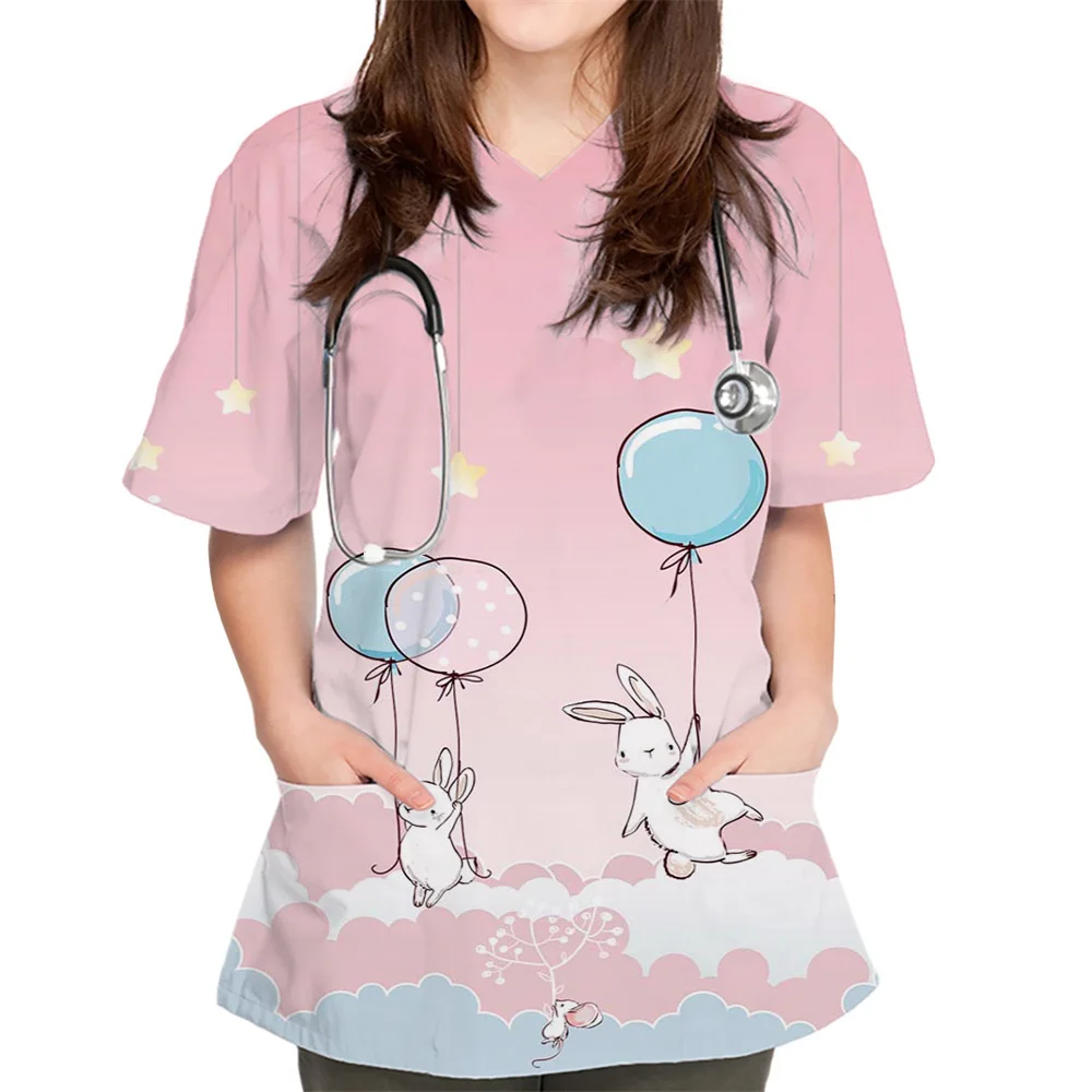 Kobiety Cartoon Cute Rabbit Print V-Neck Patched Pocket Medical Scrub Uniforms Nursing Short Sleeve Tops Nursing Surgical Uniform