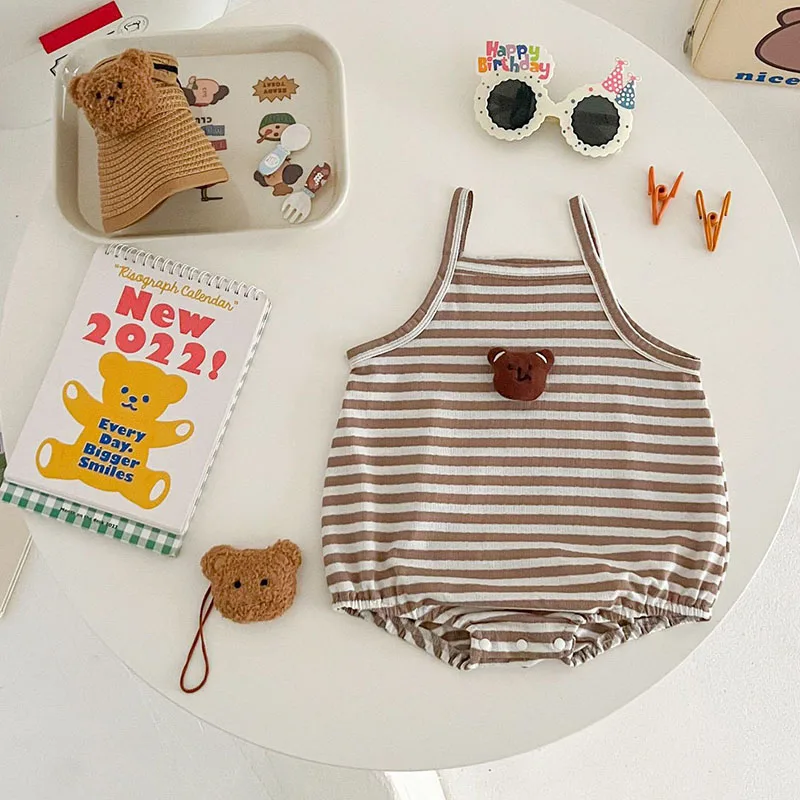 여아용 귀여운 곰 스트라이프 점프수트, 유아 슬링 원피스, 0-2T 얇은 스타일 바디 수트, 2024 여름 신상