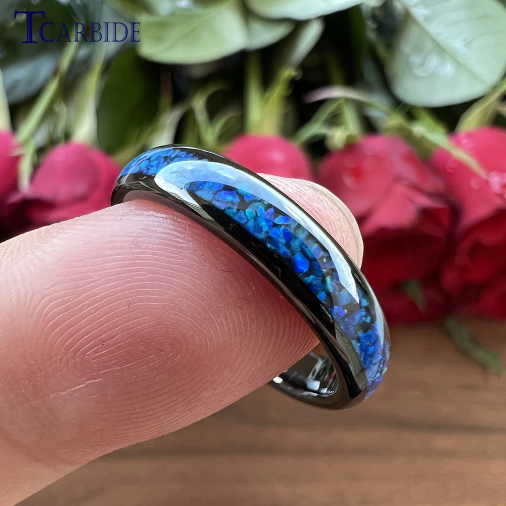 4mm Black Opal Ring Women Tungsten Engagement Wedding Band Domed Polished Stylish Gift Jewelry Comfort Fit