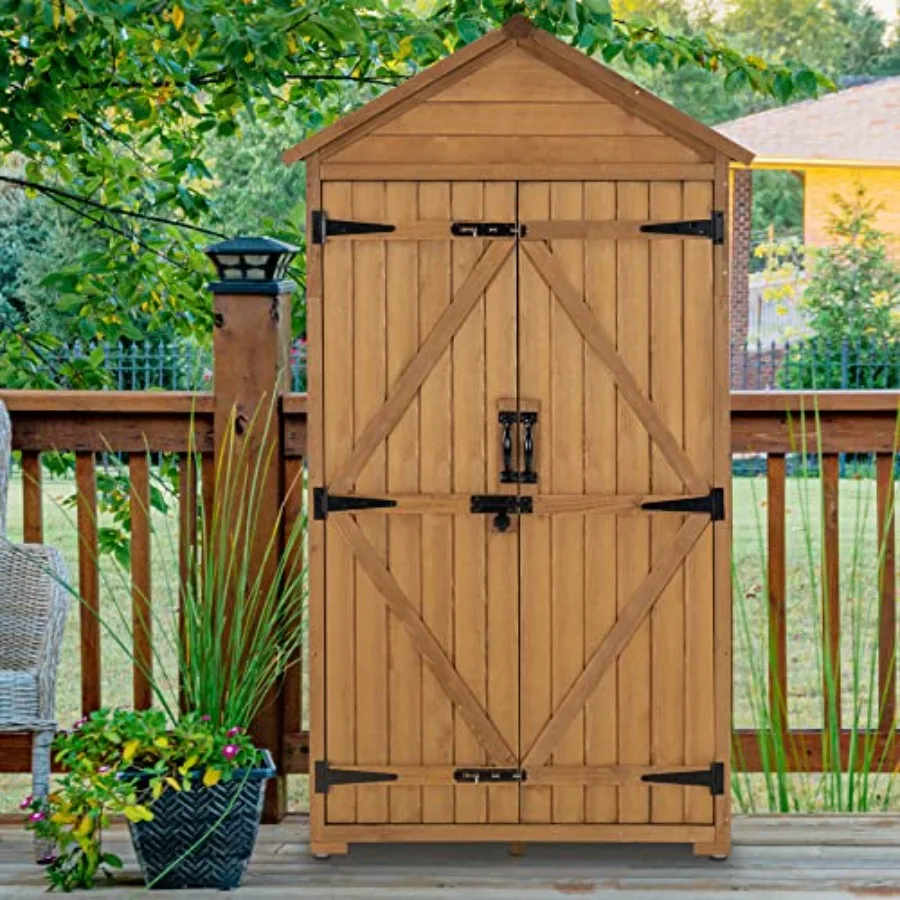 Outdoor storage cabinet with 2 shelves, wooden garden tool shed with floor and latch, natural wood color for yard, deck, and la