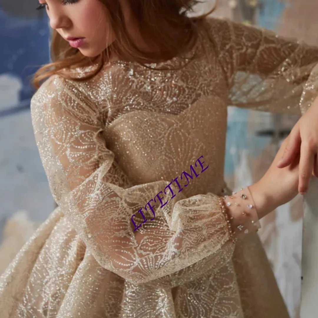 Girls A-line Lace Dress Long Sleeve Sparkly Sequins Beads Embellished Princess Performance Costume Exquisite Customized