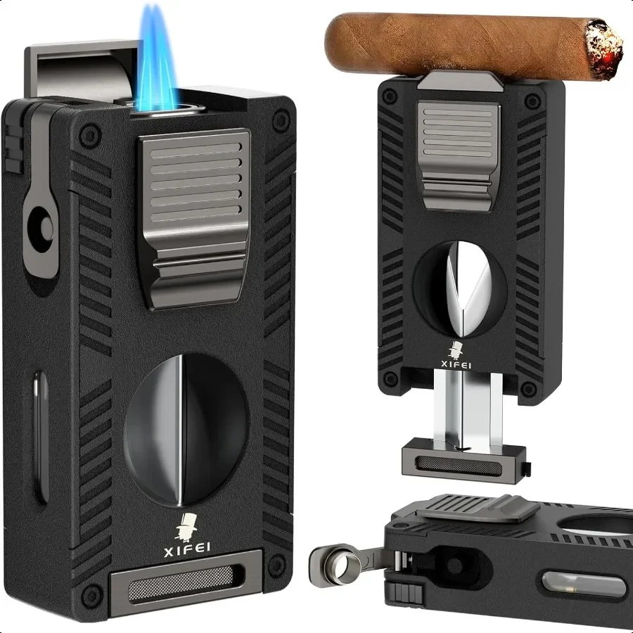 

Зажигалка для сигар, многоразовая зажигалка с резаком для сигар, V-образный дырокол, усилитель для сигар, держатель для сигар, бутановый светильник 5 в 1,