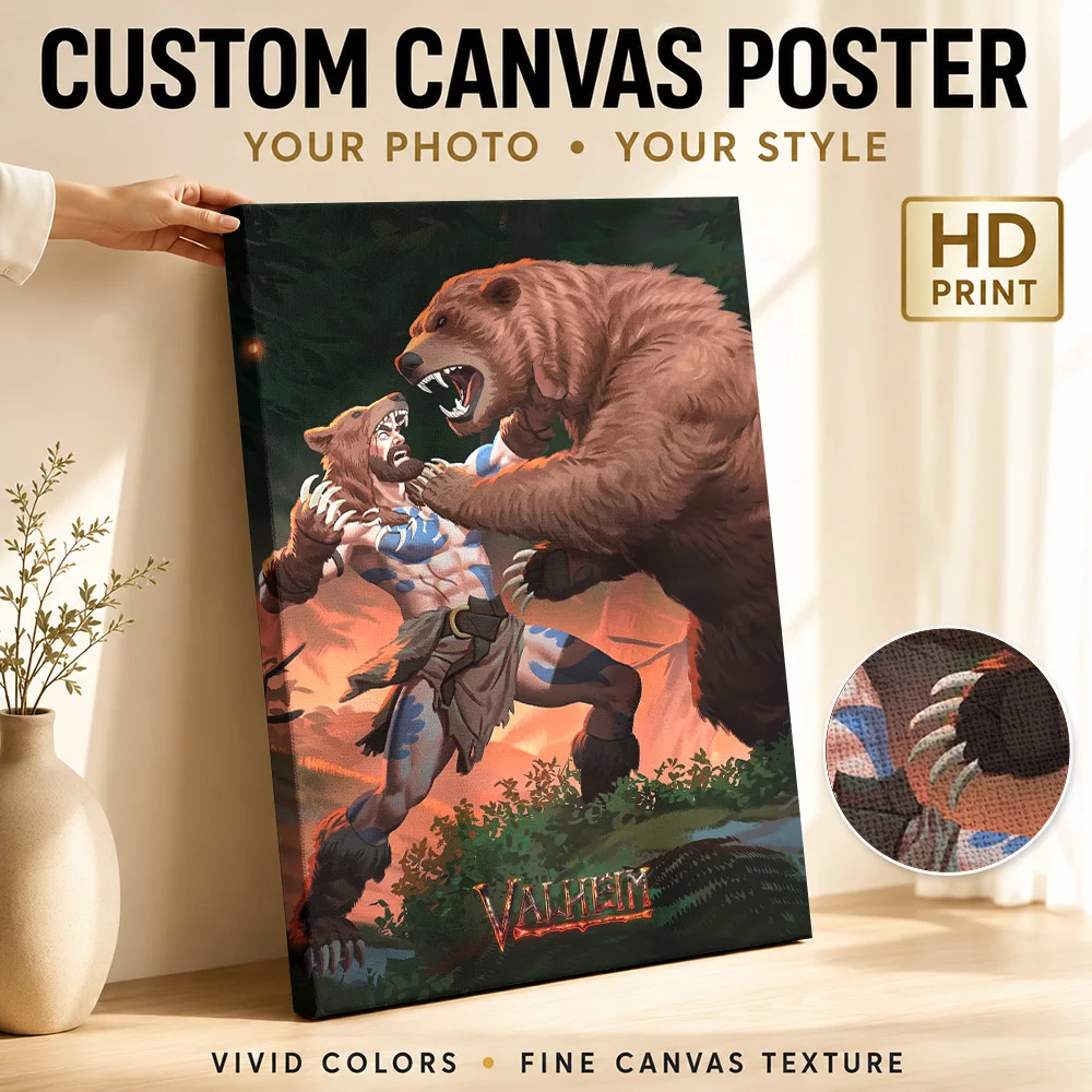 Valheim Viking Warrior Fighting Bear Canvas Print Customized Photo Painterly Wall Art For Gaming Lounge, Video Game Fan Gift