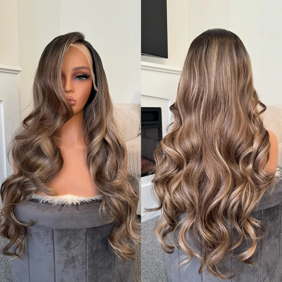 

Synthetic Wig Light Brown Highlights Long Body Wave Wig With Dark Roots 13x4 Lace Front Wig For Women Daily Party Cosplay Use