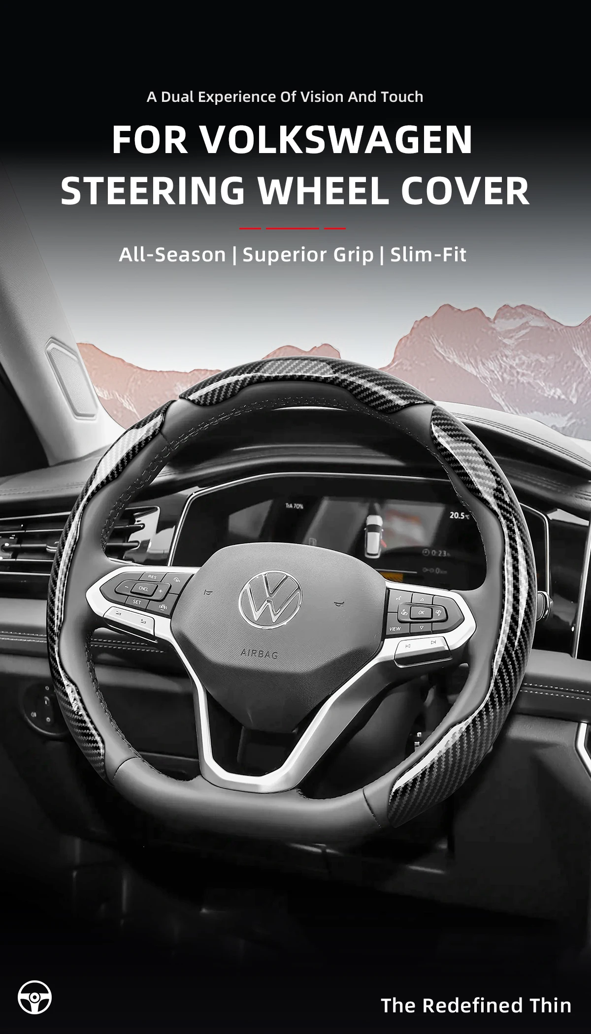 Passend für Volkswagen Sportlenkrad-Abdeckung mit Carbonfaser-Textur, Snap-On-Typ, für Tiguan, Golf, T-Roc, Polo, Passat, Jetta, ID.3, ID.4, Atlas, Teramont, Taos, T-Cross, Taigo, Touran, Auto-Innenausstattung, Schutzgehäuse – Detail 1