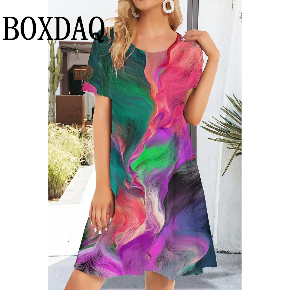 2025 Summer Dresses Fashion Women Abstract 3D Printing Print Dress Short Sleeve Casual O-Neck A-Line Dress Loose Clothing Spring