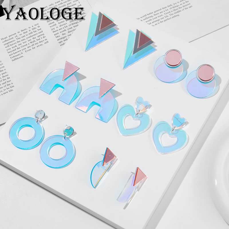 

YAOLOGE Acrylic Iridescent Geometric Laser Drop Earrings For Women Fashion Trend Girls Discolour Ear Jewelry Party Gifts серьги