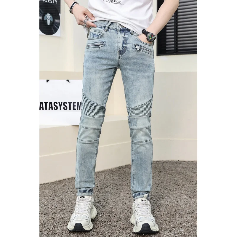 Motorcycle Jeans Men's Retro Light Blue Fashion Men's Clothing Street Cool Pleated Slim Fit Patchwork Tappered Pants