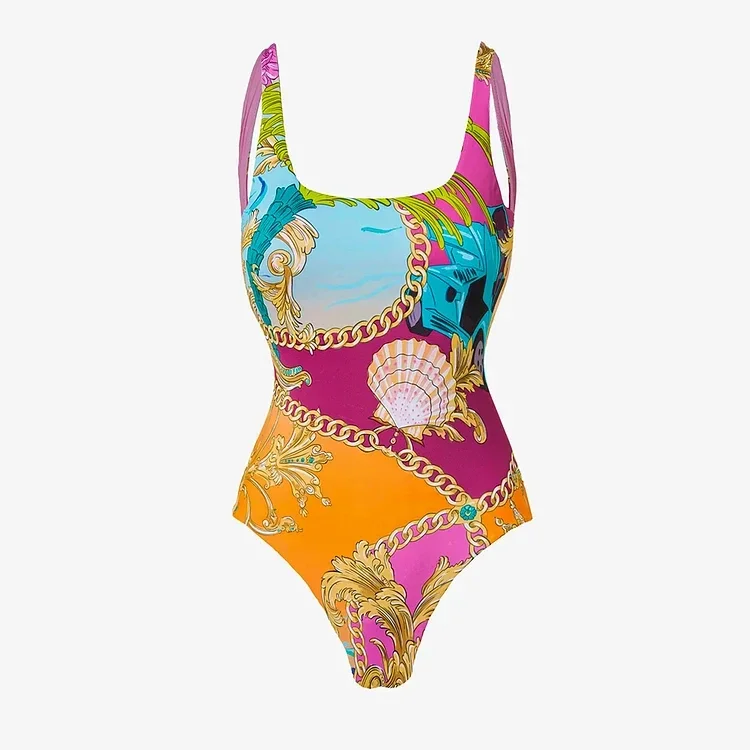 2024 Women Round Neck Shell Printed One Piece Swimsuit and Skirt Set Swimwear